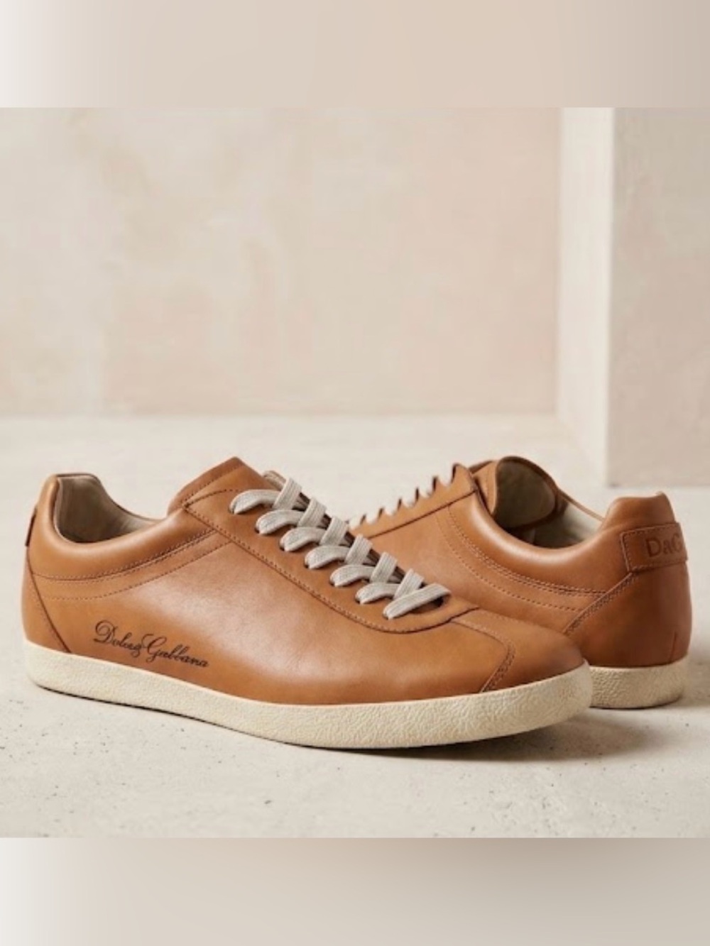 Dolce & Gabbana Men’s Luxury Tan Leather Sneakers Low Top IT 8.5 (Fits 9-9.5)